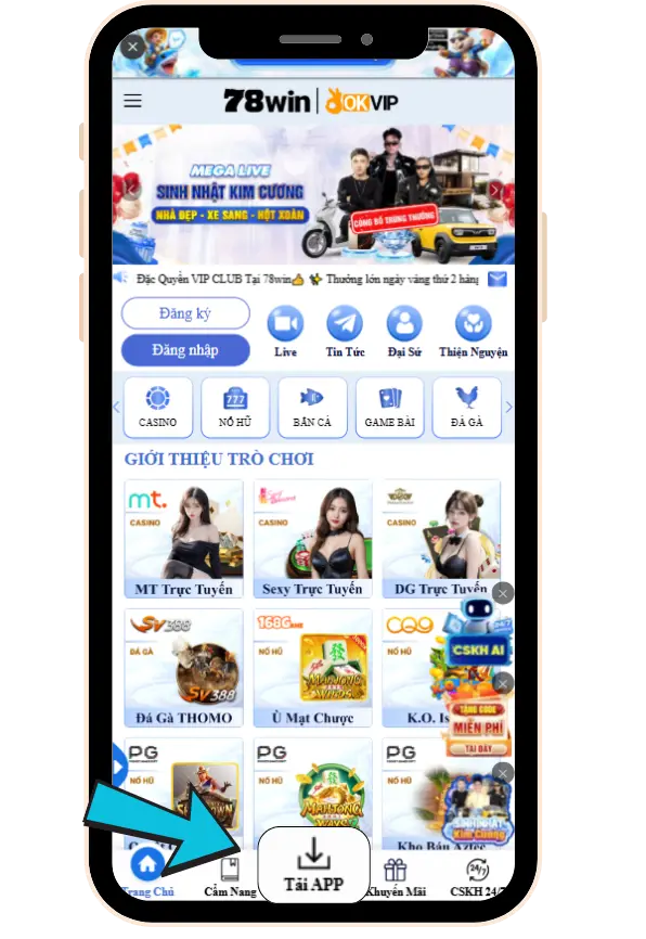 Bước 1 : Tại trang chủ , chọn biểu tượng TẢI APP